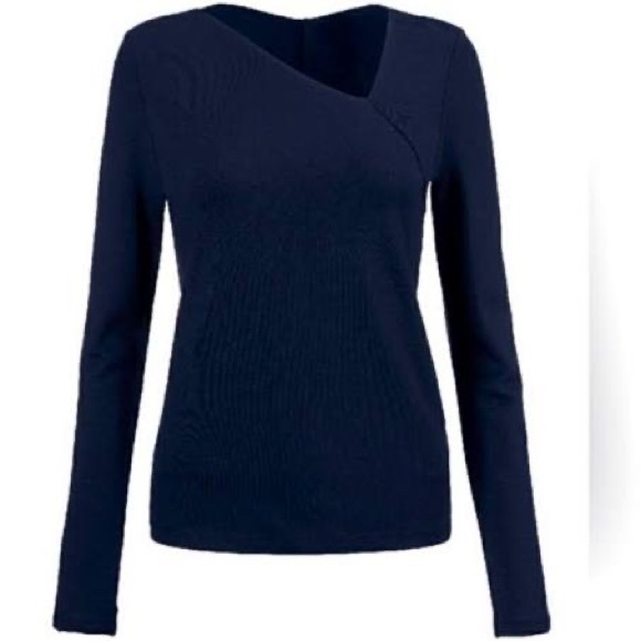 Cabi Contessa Long Sleeve Asymmetric Neckline Navy Built-In Shelf Bra Soft Sz SM - Picture 2 of 16